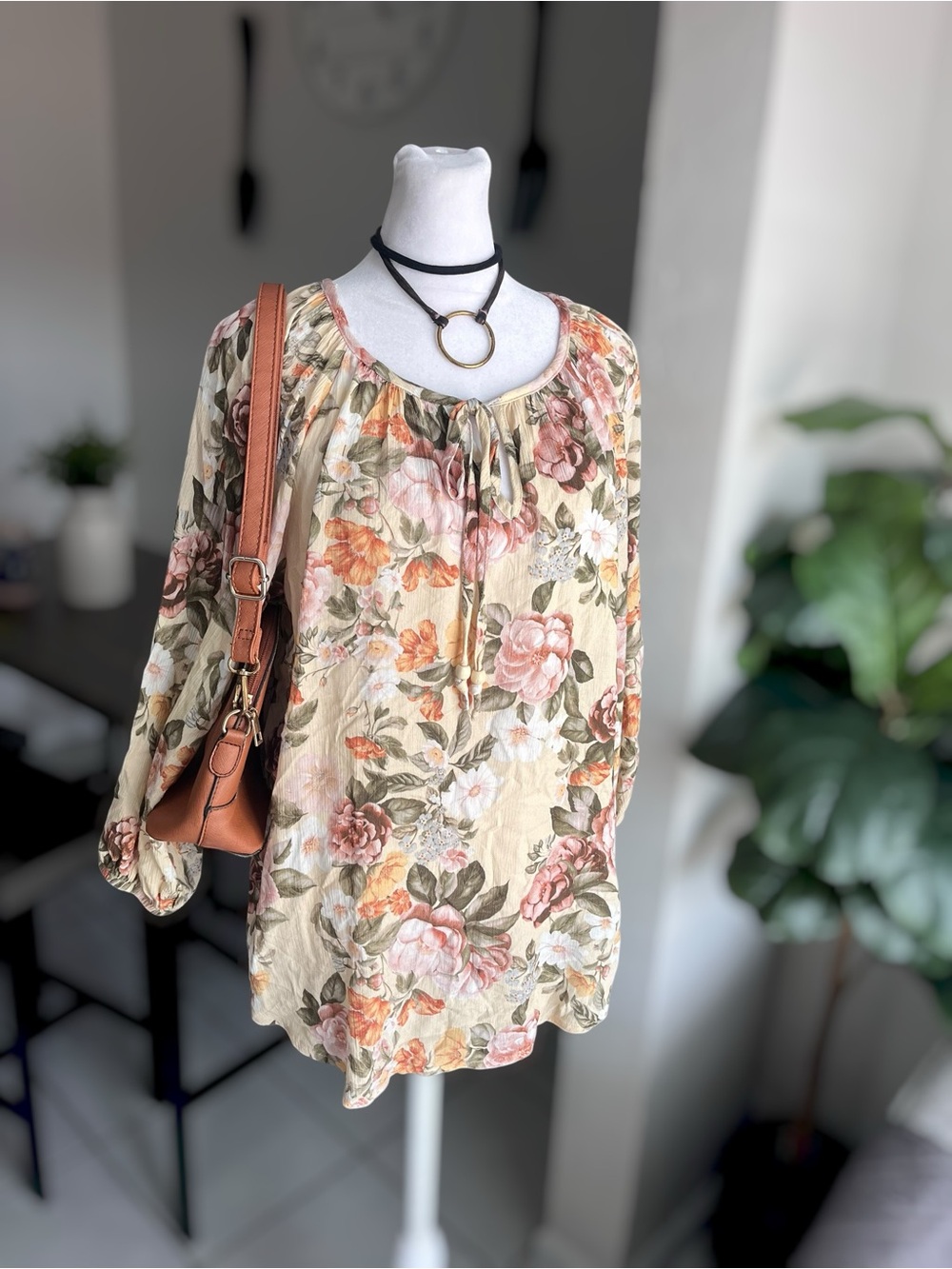 AB Studio Floral Print Tie Neck Blouse Size M